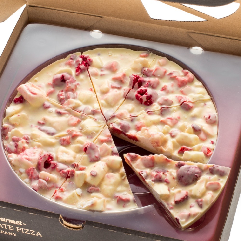 Eton Mess flavoured chocolate pizza, white chocolate, meringue and lovely plump raspberry and strawberry pieces